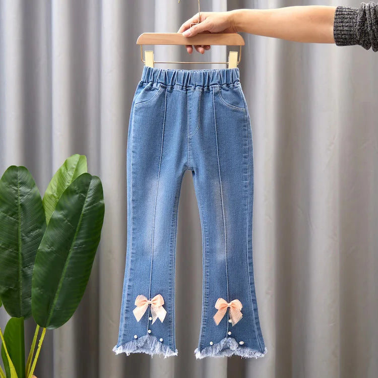 Girls Blue Jeans for Children's Fashion Clothing Princess Kids Denim Wide-leg Pants Baby Teens Girl Flared Bow Applique Trousers