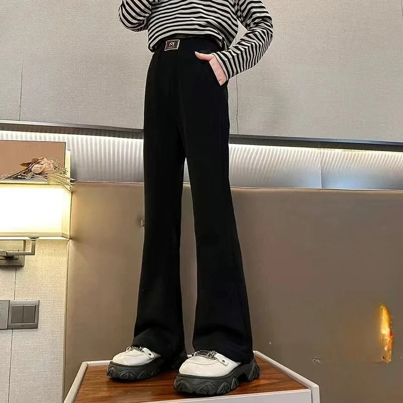 Girl's Autumn Winter New Mid-Weight Flared Jeans with Integrated Fleece-Lining, Stylish Casual Pants for Tween Girls