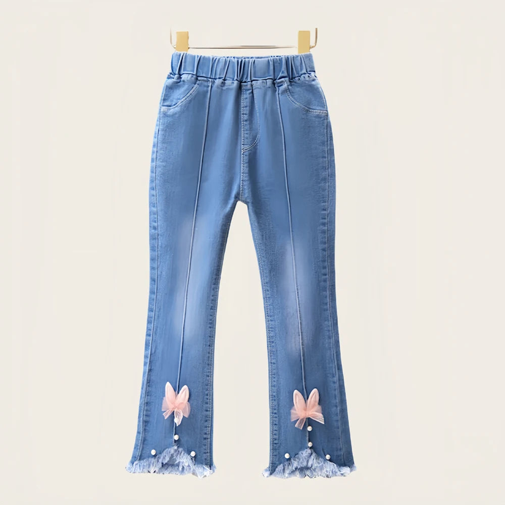 Children Infants Girls Casual Denim Pants Bow Tie Child Teenage Girl Jeans Clothes Fashion Kids Skinny Trousers Prints Clothing