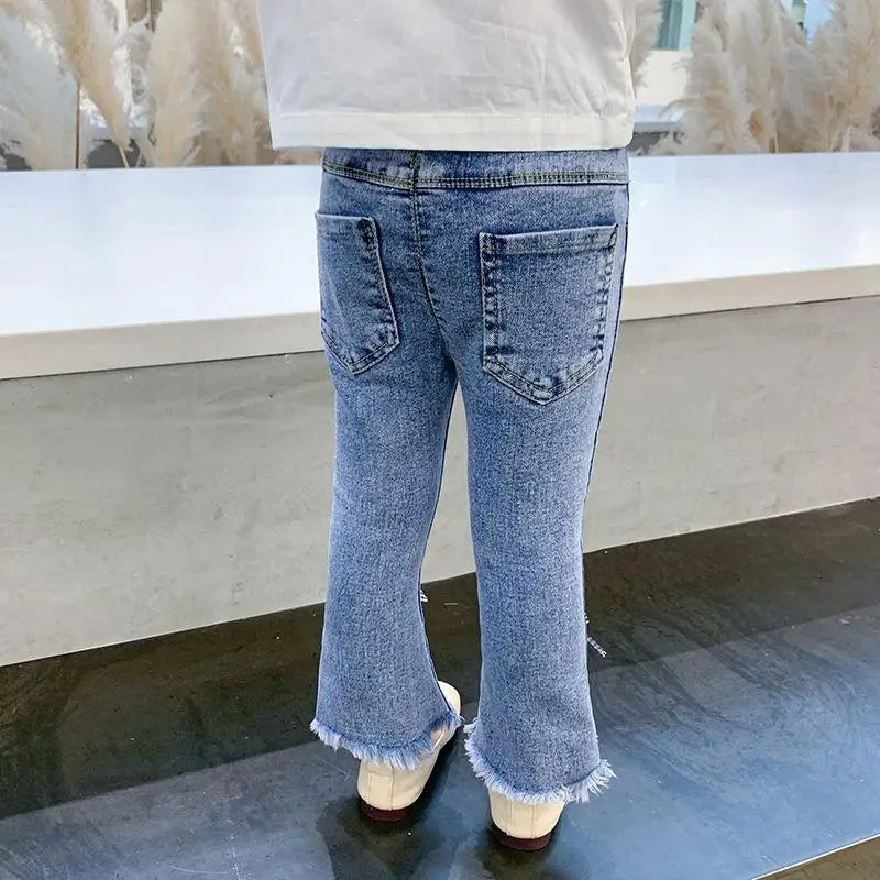 New Spring Kids Jeans Children Cute Bow Lace Denim Blue Pants Girls Embroidered Daisy Trousers