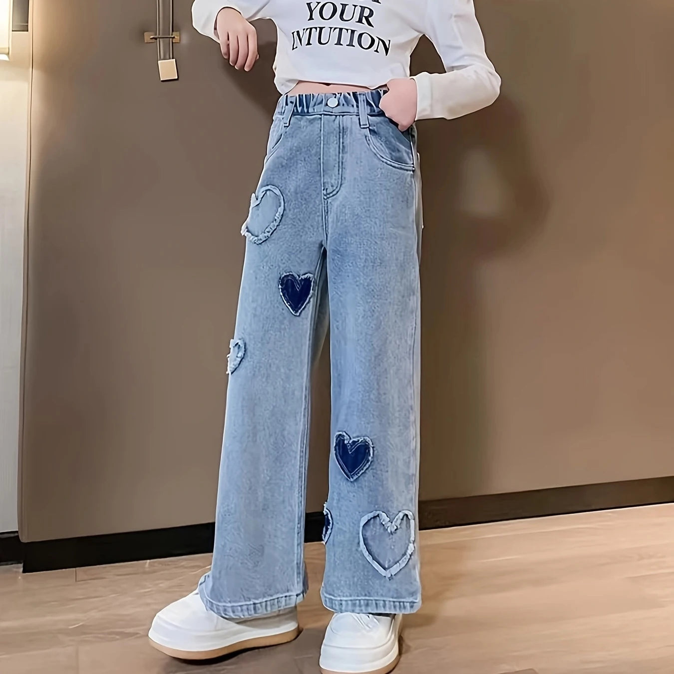 Girls' Heart Patch Jeans Spring 2025 New Stylish Children's Korean Fashion Long Pants for Girls Spring and Autumn Outerwear Pants