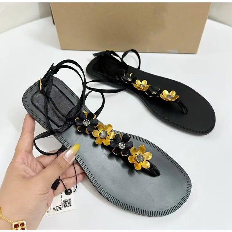 Luxury Crystal Flowers Decor Women Flats Sandals Sexy Ankle Strap Summer Beach Slides Fashion Streetwear Modern Sandals Shoes