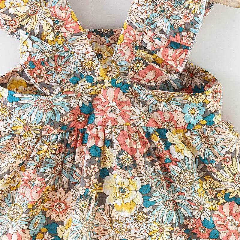 Summer Baby Girl's Dress New Vintage Garden Flower Flying Sleeve Dress with Straw Bag