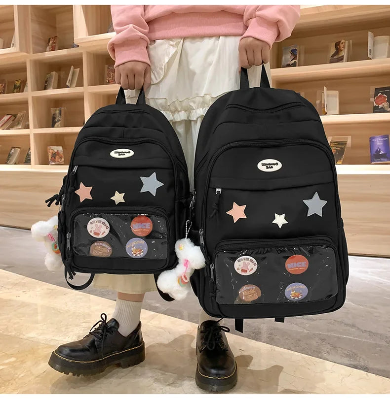 Casual Transparent Badge Large Capacity Commuter Backpack Suitable for Middle School Students Cute School Style Double Shoulder