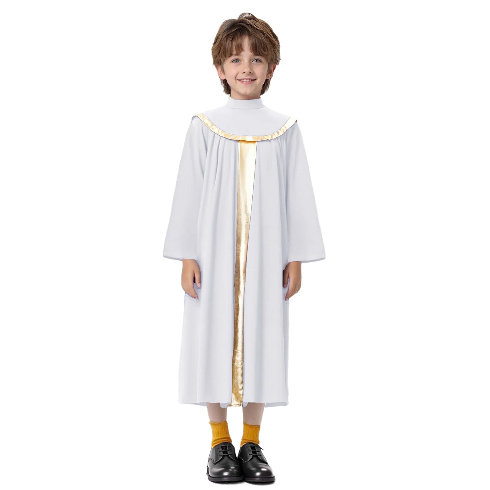 Boys Girls Choir Robe Liturgical Worship Praise Dance Costume Long Sleeve Metallic Color Block Patchwork Pleated Dress Grown