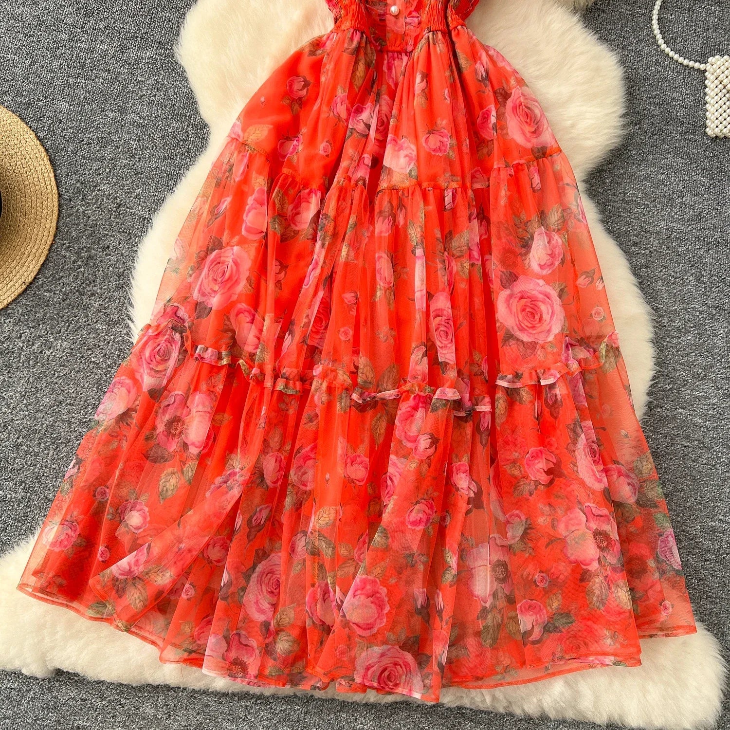 Retro Floral Chiffon Dr Women's Waist Cinched One oulder Bubble Sve Me Skirt Commute Korean Sle High Waist A-Line...