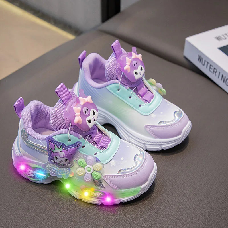 Kawaii Kuromi My melody Led Casual Sneakers Girl Cartoon Outdoors Rotating Buckle Shoes Children Led Luminous Sports Shoes