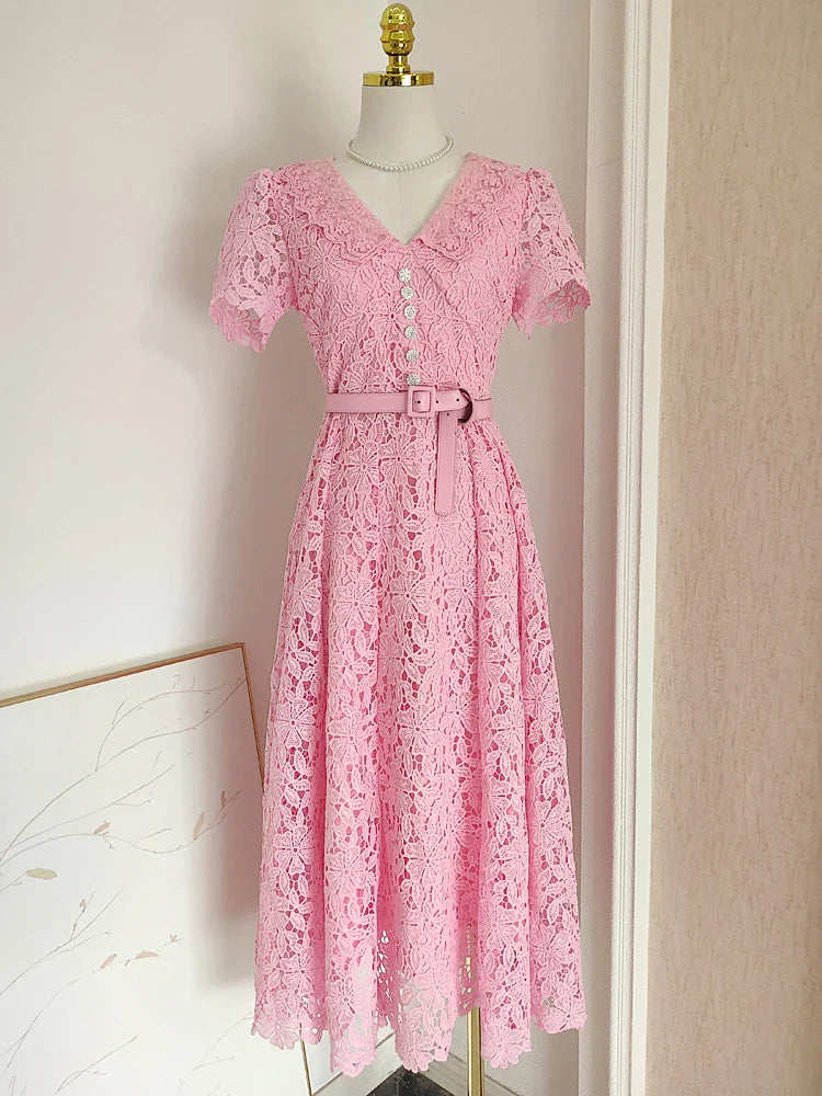 Luxury Pink Lace Midi dress with belt Women's 2025 Summer Elegant V-neck Rhinestone buttons Dresses Party clothing INKEO 4D094