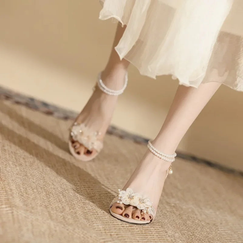 Small Size 31 -43 Women Peep Toe Sandals Wedding Heels Wide Fat Feet Shoes for Women Pearl Flower Bridal Shoes Zaptos Mujer