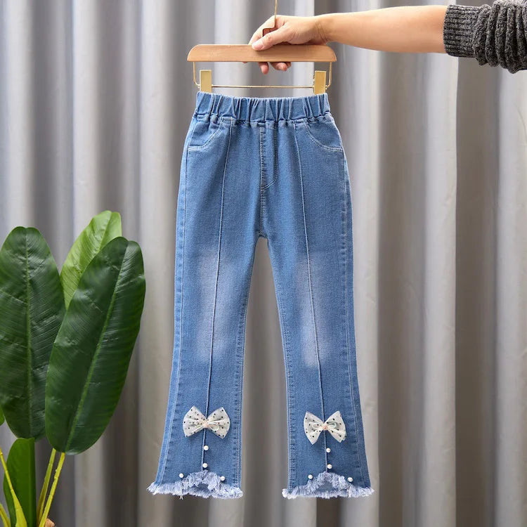 Girls Blue Jeans for Children's Fashion Clothing Princess Kids Denim Wide-leg Pants Baby Teens Girl Flared Bow Applique Trousers
