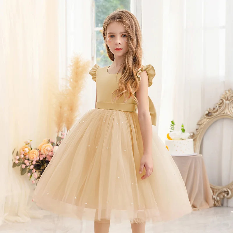 Baby Girl Party Dress Back Bow Elegant Flying Sleeve Mesh Tutu Dress with Pearl Solid Flower Girl Wedding Dress Birthday Gowns
