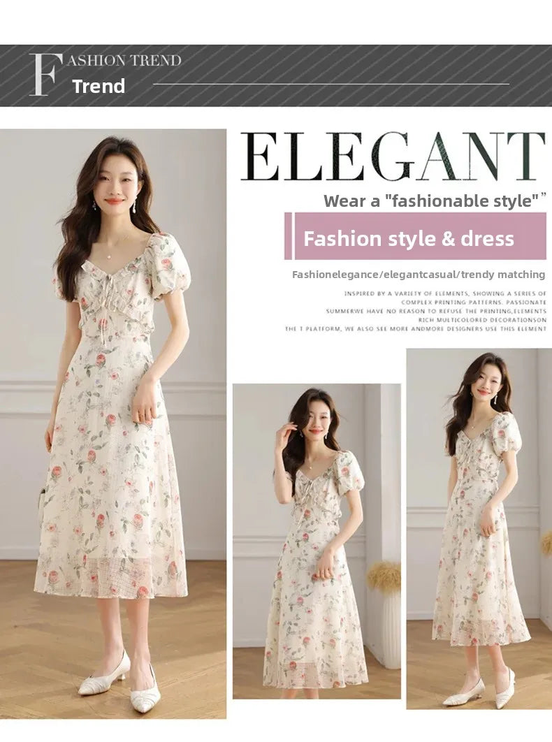 Elegant Summer Dress with Bubble Sleeves And Bellflower Pattern Slimming Empire Waist Knee-Length Polyester Fiber Short Sleeve