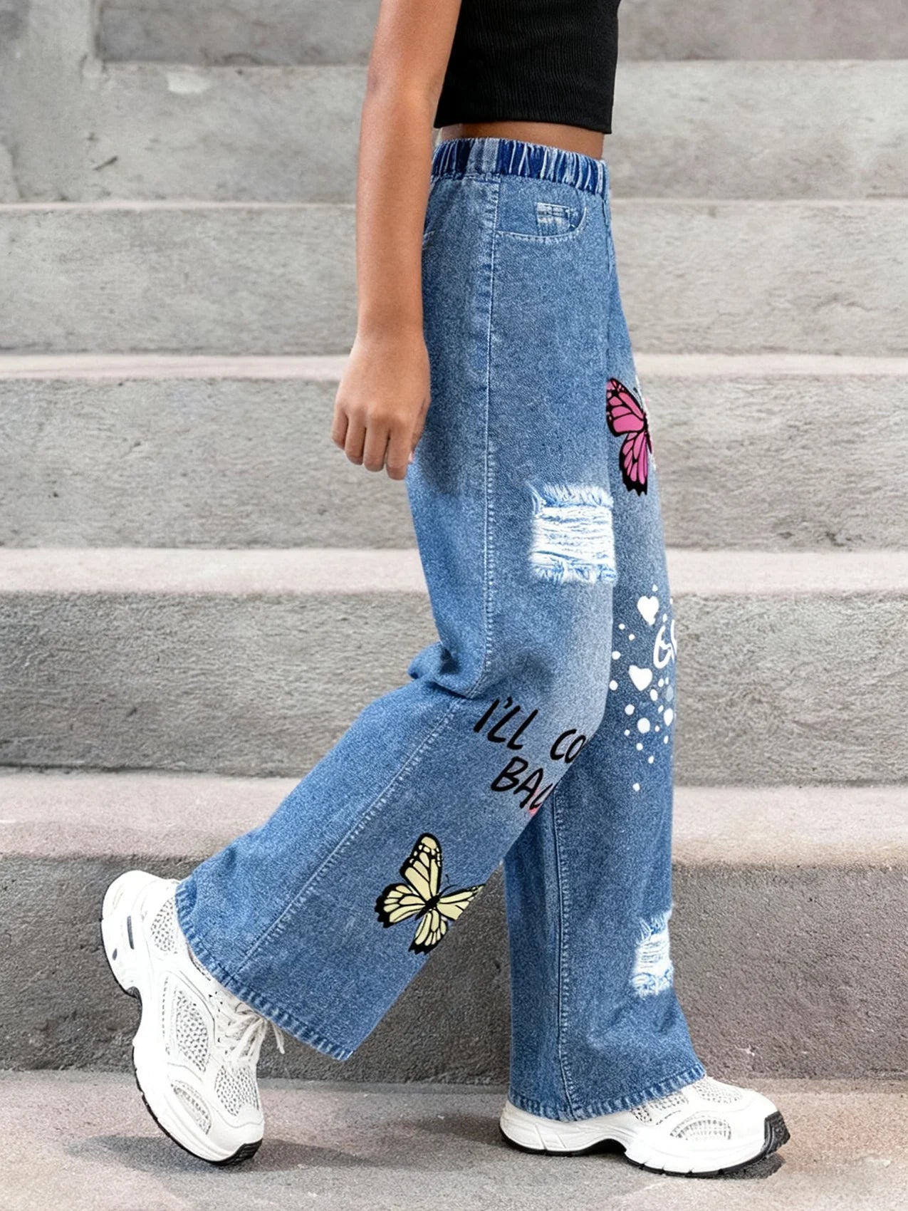 2025Girls' Y2K Butterfly Print Ripped Faux Jeans High-Rise Elastic Waist Loose Wide-Leg Faux Jeans
