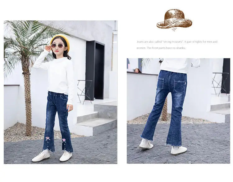 Girls Blue Jeans for Children's Fashion Clothing Princess Kids Denim Wide-leg Pants Baby Teens Girl Flared Bow Applique Trousers