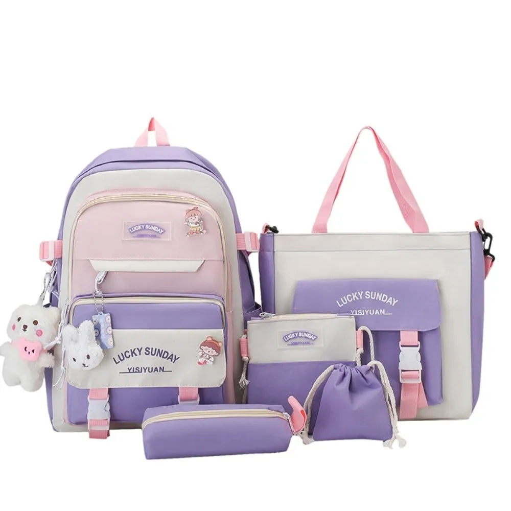 5 Pcs Cute Large Capacity Backpack Set Multifunctional Breathable Student Schoolbag Buckle Coin Purse School