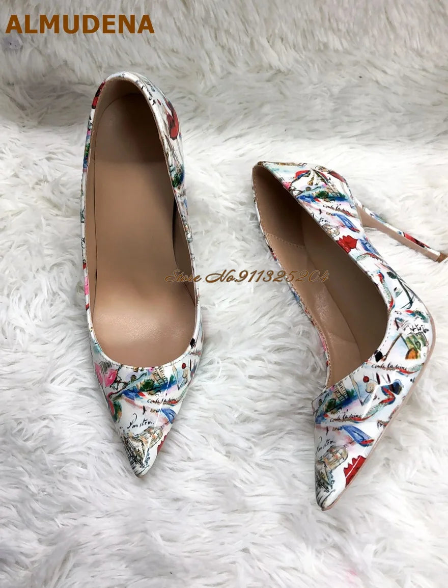 ALMUDENA White Patent Leather Eiffel Tower Red Lips Printed Wedding Shoes 12cm Sky High Heel Pointed Toe Slip-On Banquet Pumps