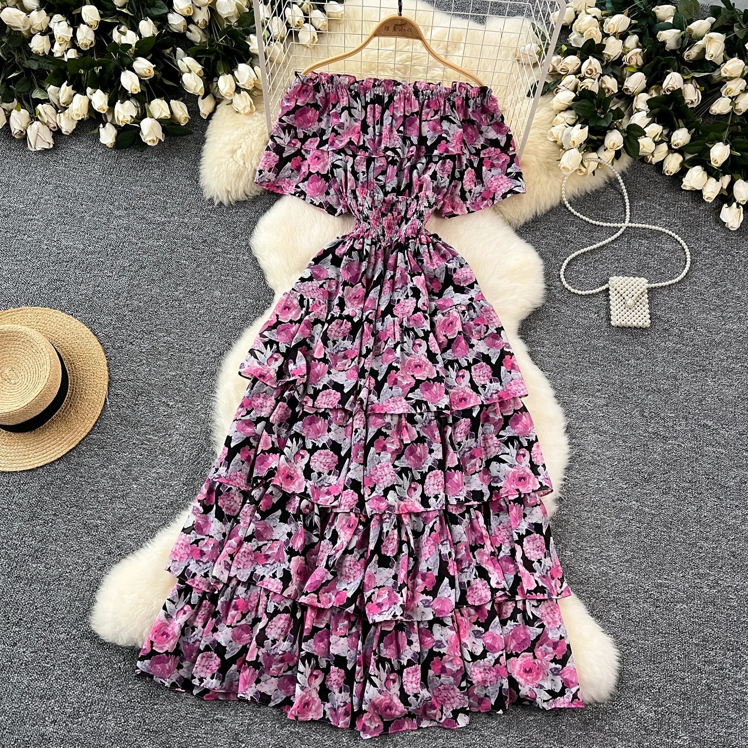 French Vintage Off Shoulder Short Sleeve Ruffle Tiered Long Dresses Chic Casual Beach Vacation Women Summer Chiffon Clothing