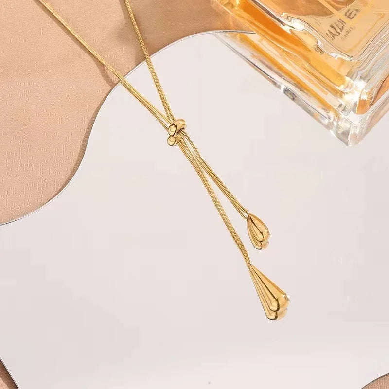Stainless Steel New Fashion Jewelry Sets Pulling Adjustment Droplet Shape Charm Chain Choker Necklaces Earrings for Women