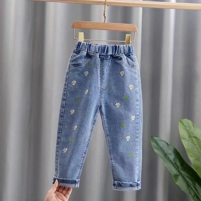 New Spring Kids Jeans Children Cute Bow Lace Denim Blue Pants Girls Embroidered Daisy Trousers