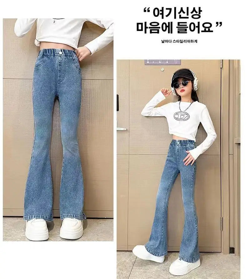 Kids Classic Vintage Blue Flared Jeans for Teens Girl Fashion Bootcut Denim Pants Tweens Child Casual Boot Cut Jeans Trousers