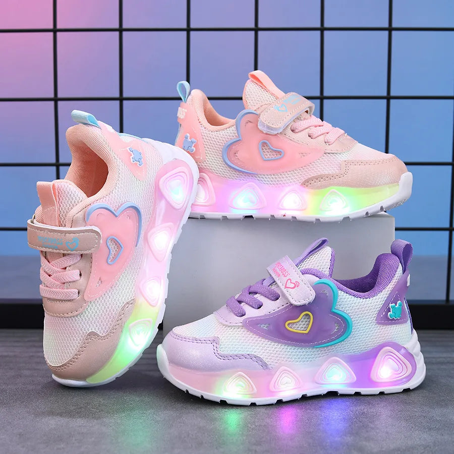 Tenis Girls' Shoe 2025 Summer New Kid Sneakers LED Luminous Shoes Sweet Heart-shaped Girl Sneaker Soft Sole Anti Slip Kid Shoes