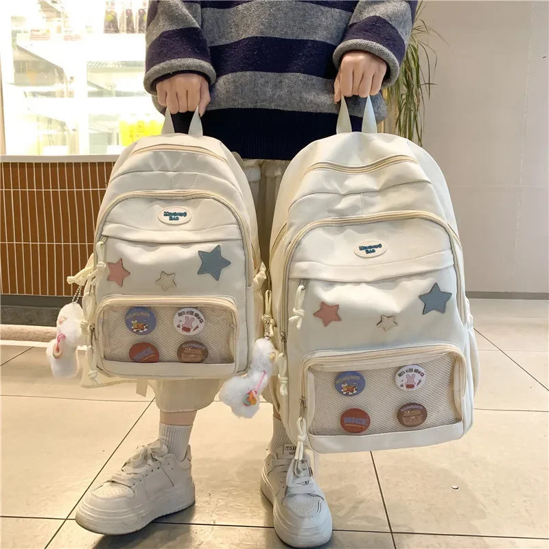 Casual Transparent Badge Large Capacity Commuter Backpack Suitable for Middle School Students Cute School Style Double Shoulder