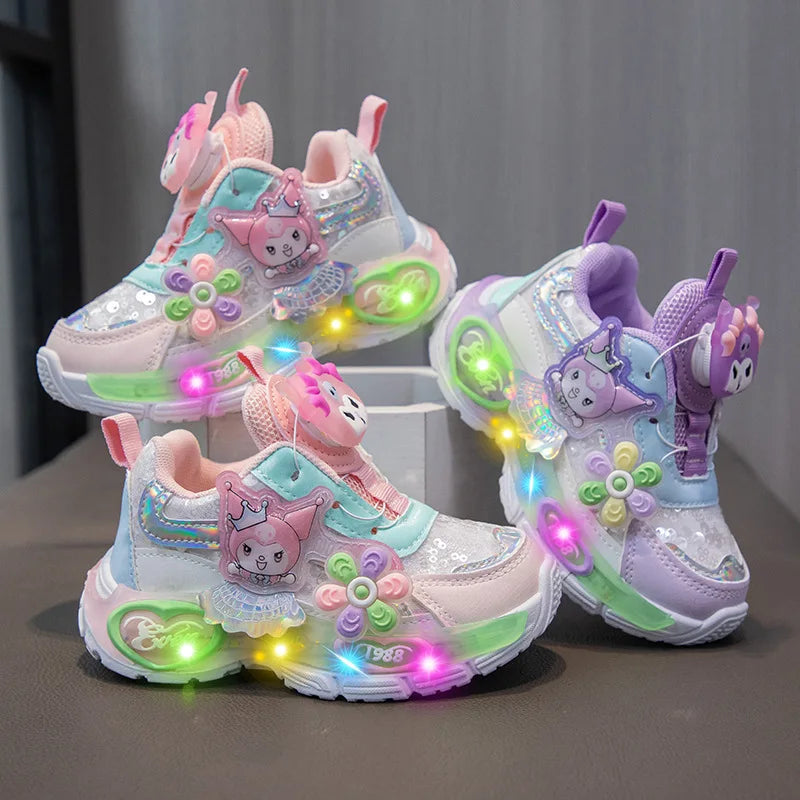 Kawaii Kuromi My melody Led Casual Sneakers Girl Cartoon Outdoors Rotating Buckle Shoes Children Led Luminous Sports Shoes
