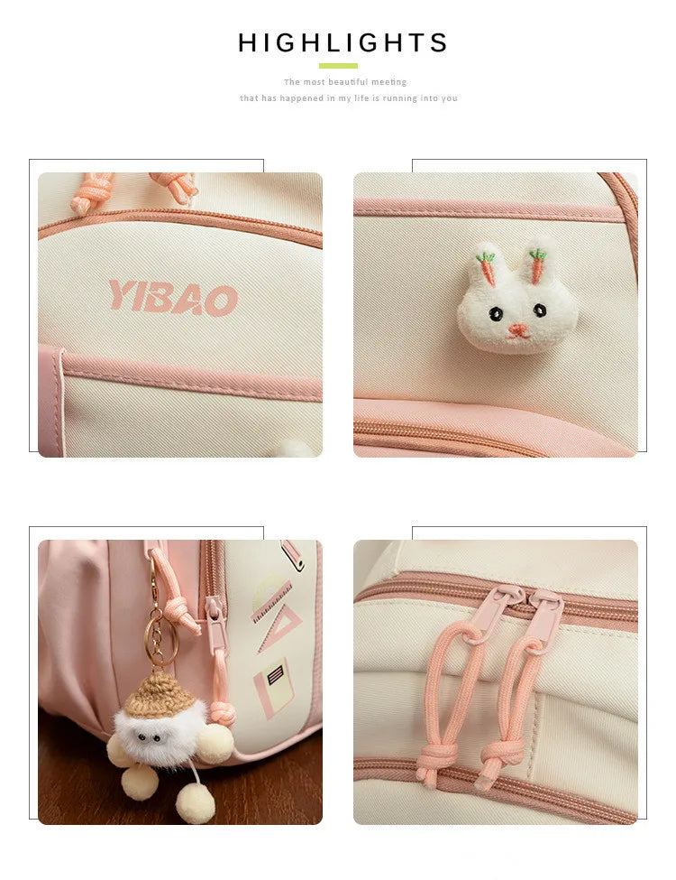 New cute rabbit children school backpack Fashionable splicing color contrast fresh lady knapsack kids schoolbags bring a doll