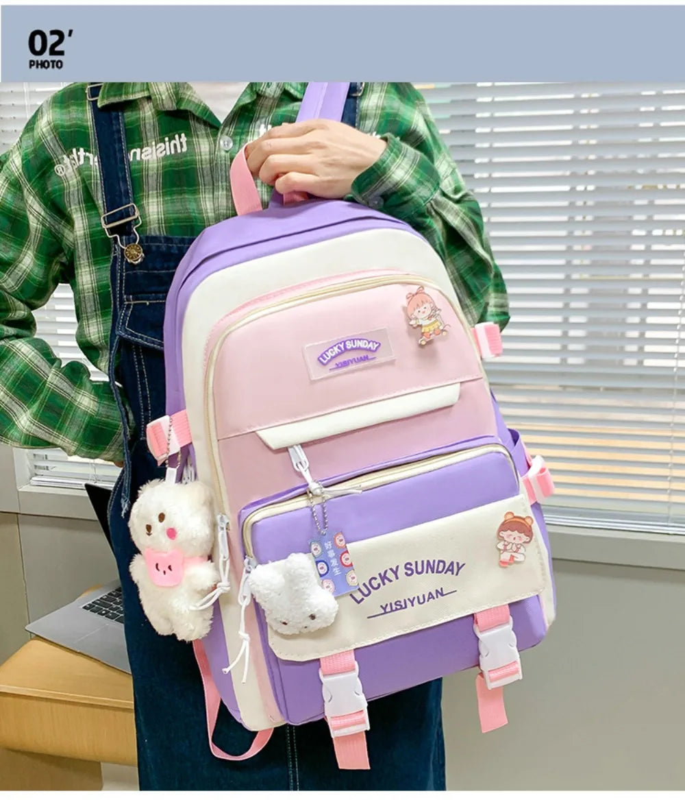 5 Pcs Cute Large Capacity Backpack Set Multifunctional Breathable Student Schoolbag Buckle Coin Purse School
