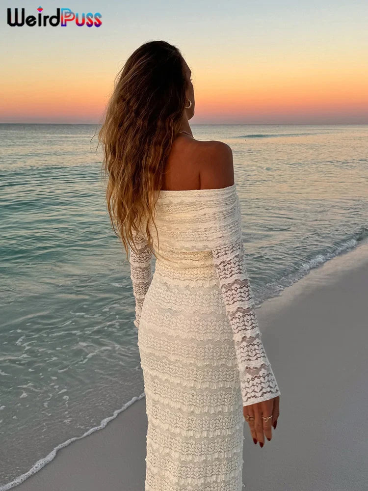 Weird Puss Jacquard Vacation Dress Women Lapel Slash Neck Backless See Through Full Sleeve Beach Party Elegant Chic Long Bodycon