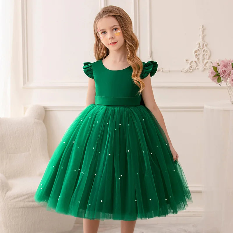 Baby Girl Party Dress Back Bow Elegant Flying Sleeve Mesh Tutu Dress with Pearl Solid Flower Girl Wedding Dress Birthday Gowns