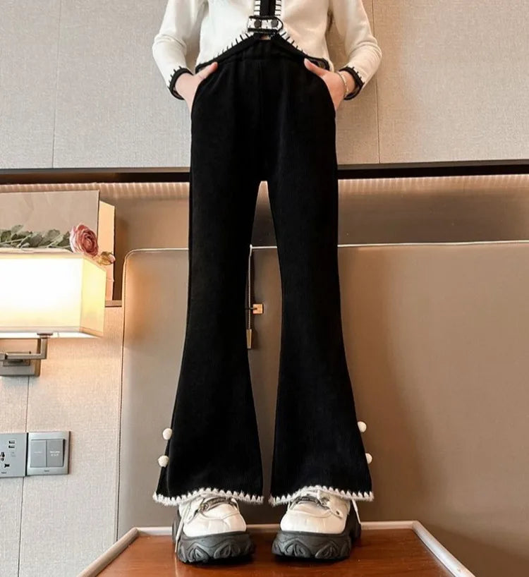 Girl's Autumn Winter New Mid-Weight Flared Jeans with Integrated Fleece-Lining, Stylish Casual Pants for Tween Girls