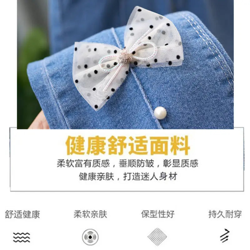Girls Blue Jeans for Children's Fashion Clothing Princess Kids Denim Wide-leg Pants Baby Teens Girl Flared Bow Applique Trousers