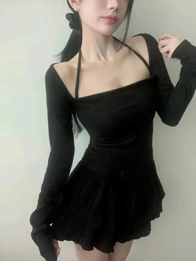 Hot sweet Slash Neck Lace Up Long Sleeve T-shirt Women Autumn New Solid Slim Fit Basic Crop Top Sexy Y2k Aesthetic Tees