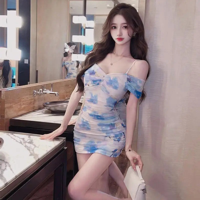 Pure Desire Off Shoulder Printed Bodycon Dress  Stretch Mesh French Niche Design