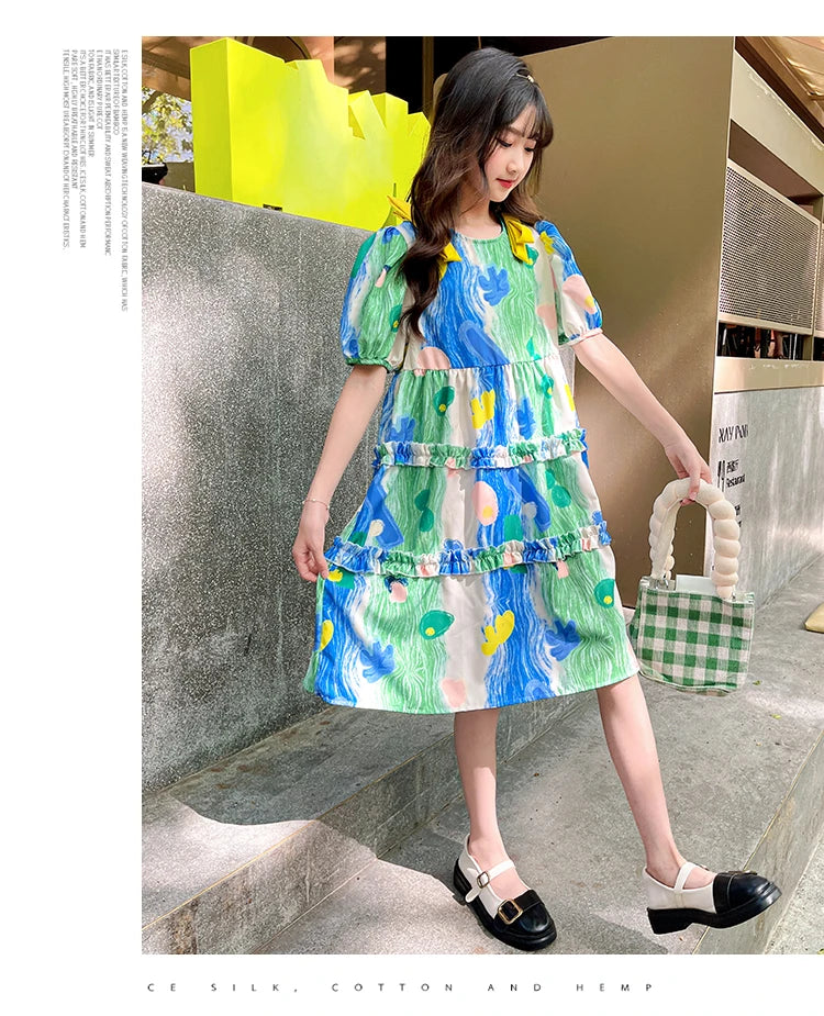 Summer Dress Girl Korean Style Sweet Floral Print Casual Kids Ruched Dresses Toddler Girls Clothes 4 5 6 7 8 9 10 12 14 Year Old
