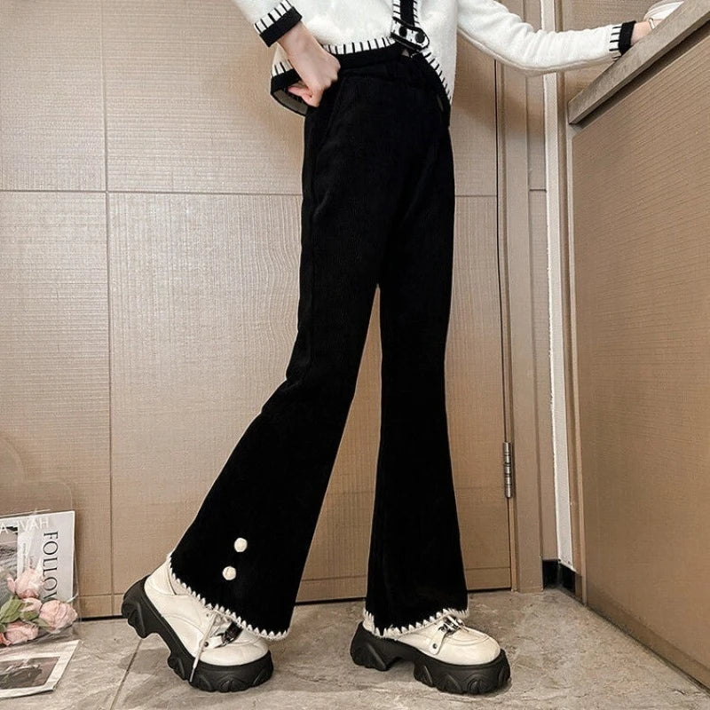 Girl's Autumn Winter New Mid-Weight Flared Jeans with Integrated Fleece-Lining, Stylish Casual Pants for Tween Girls