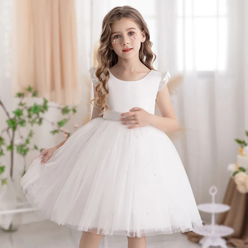 Baby Girl Party Dress Back Bow Elegant Flying Sleeve Mesh Tutu Dress with Pearl Solid Flower Girl Wedding Dress Birthday Gowns