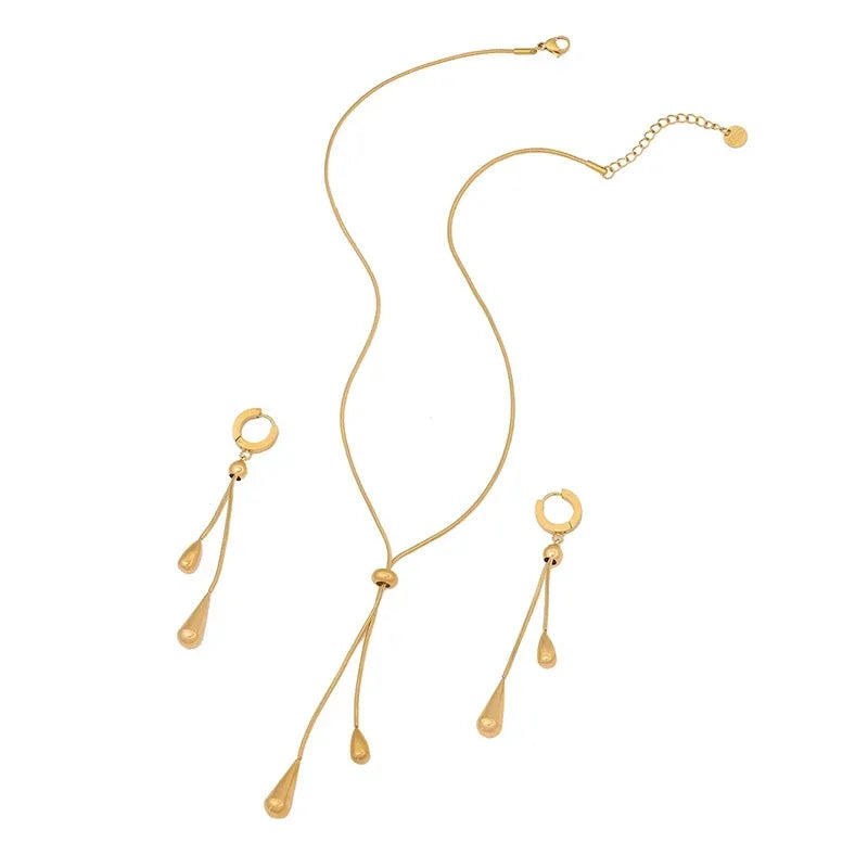 Stainless Steel New Fashion Jewelry Sets Pulling Adjustment Droplet Shape Charm Chain Choker Necklaces Earrings for Women
