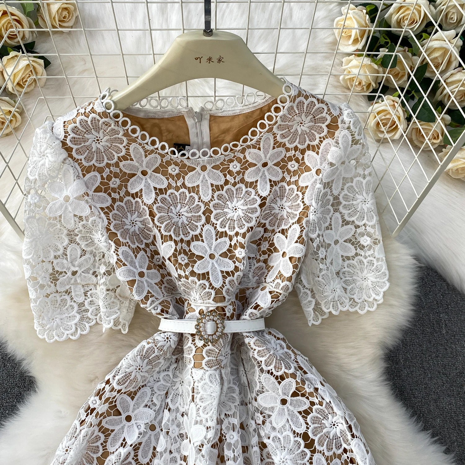 Brand Design Summer Embroidery Lace Long Dress Women Hollow Out Short Sleeve Midi Dresses Lady Belt Prom Evening Party Vestidos