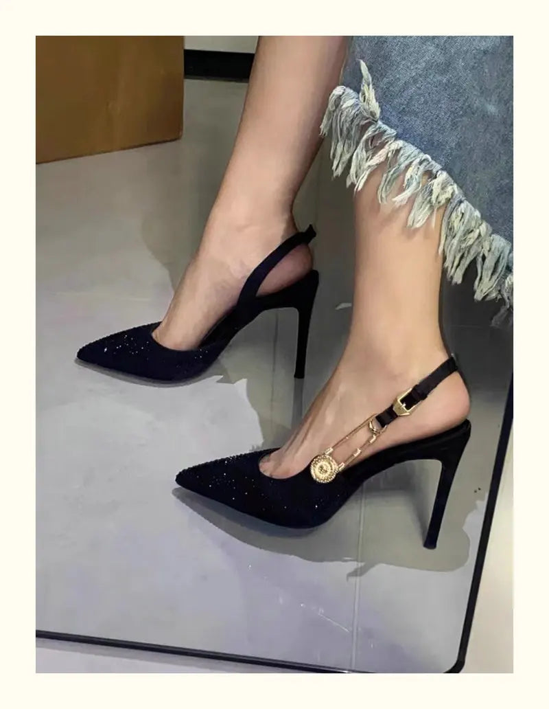 2025 Pointed-Toe Diamond High Heels For Women, Black Tight French Sexy Luxury Hollow Sandals