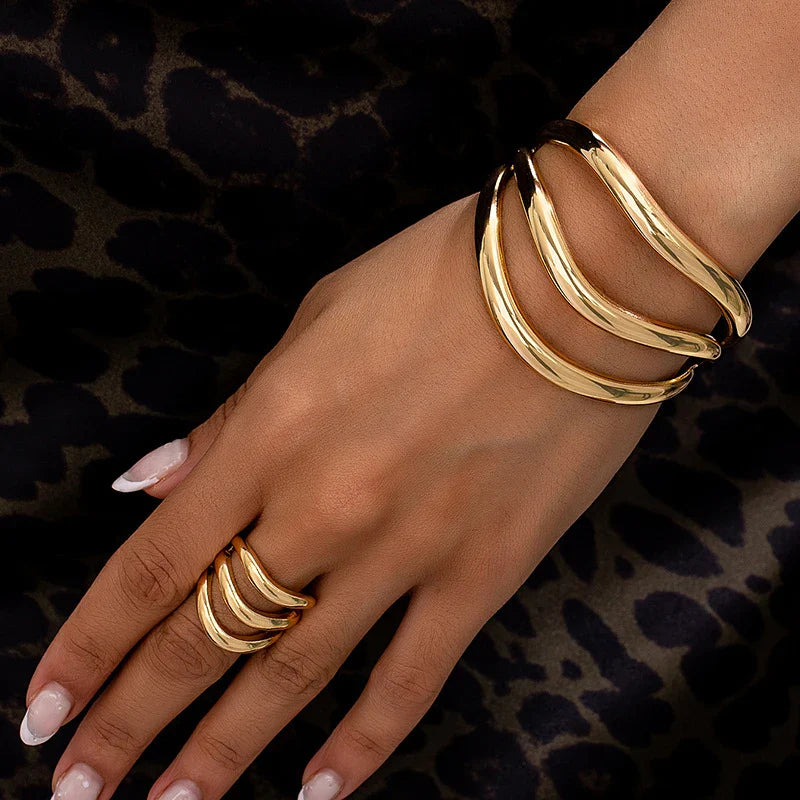 Stainless Steel Multi-Layer Wave Open Bracelet Rings Set for Women Simple Metal Twisted Lines Hand Chain Fashion Banquet Jewelry