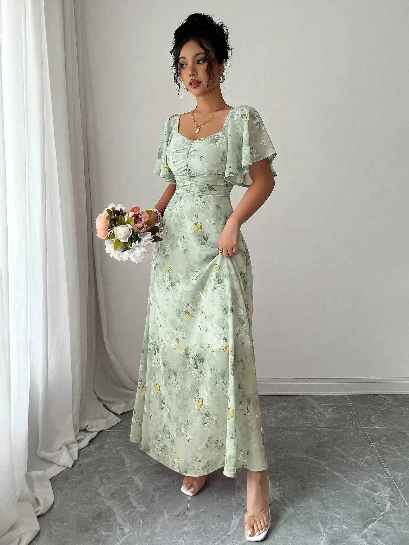 Fashionable Long Floral Print Dress Women's New Summer Slimming Age-Defying Dress Empire Waist Bubble Sleeve Knee-Length