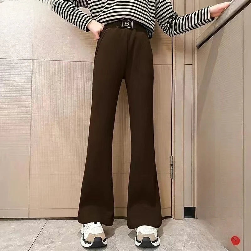 Girl's Autumn Winter New Mid-Weight Flared Jeans with Integrated Fleece-Lining, Stylish Casual Pants for Tween Girls