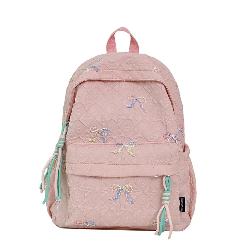 Fashion Embroidered Bow Backpack Nylon Large Capacity Students Schoolbag Multiple Pockets Wear-resistant Travel Rucksack