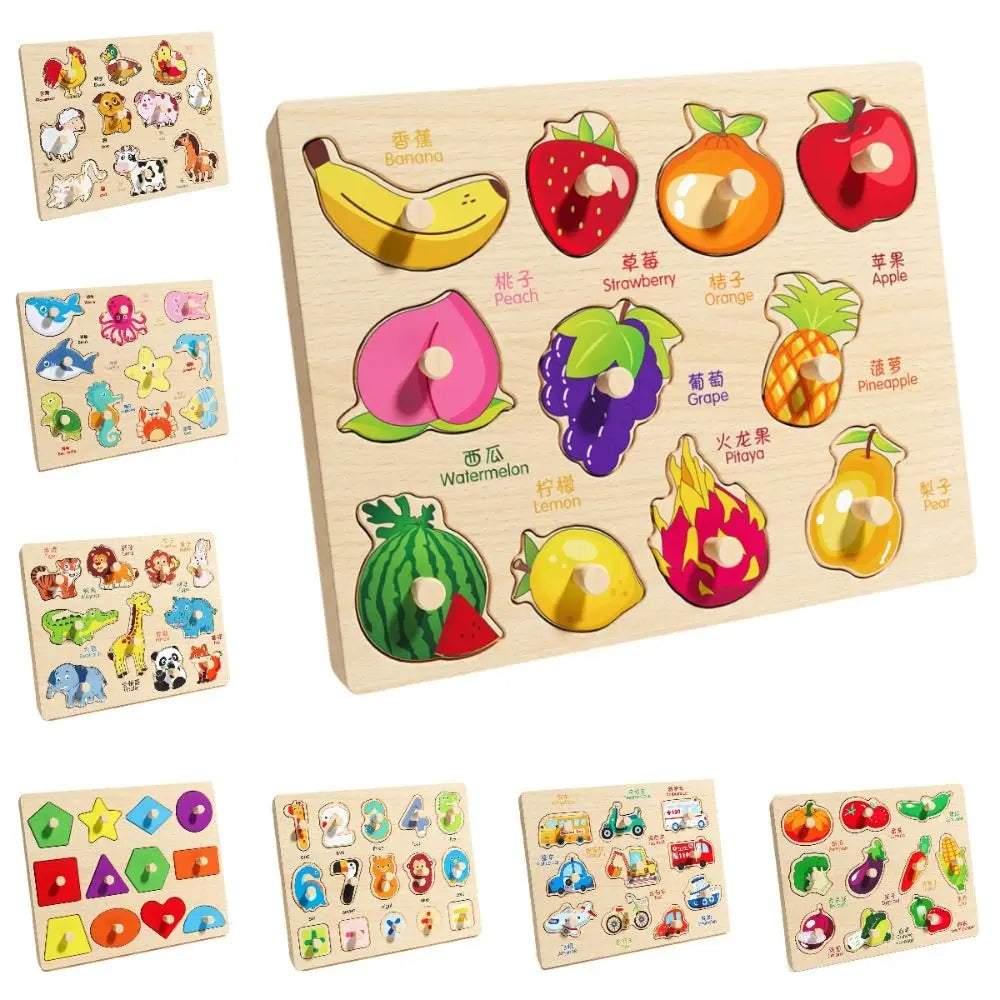 Montessori Hand Grab Boards Toys Cartoon Shape Matching Tangram Jigsaw Game Multifunction Creative Wooden Puzzle Toys Kids
