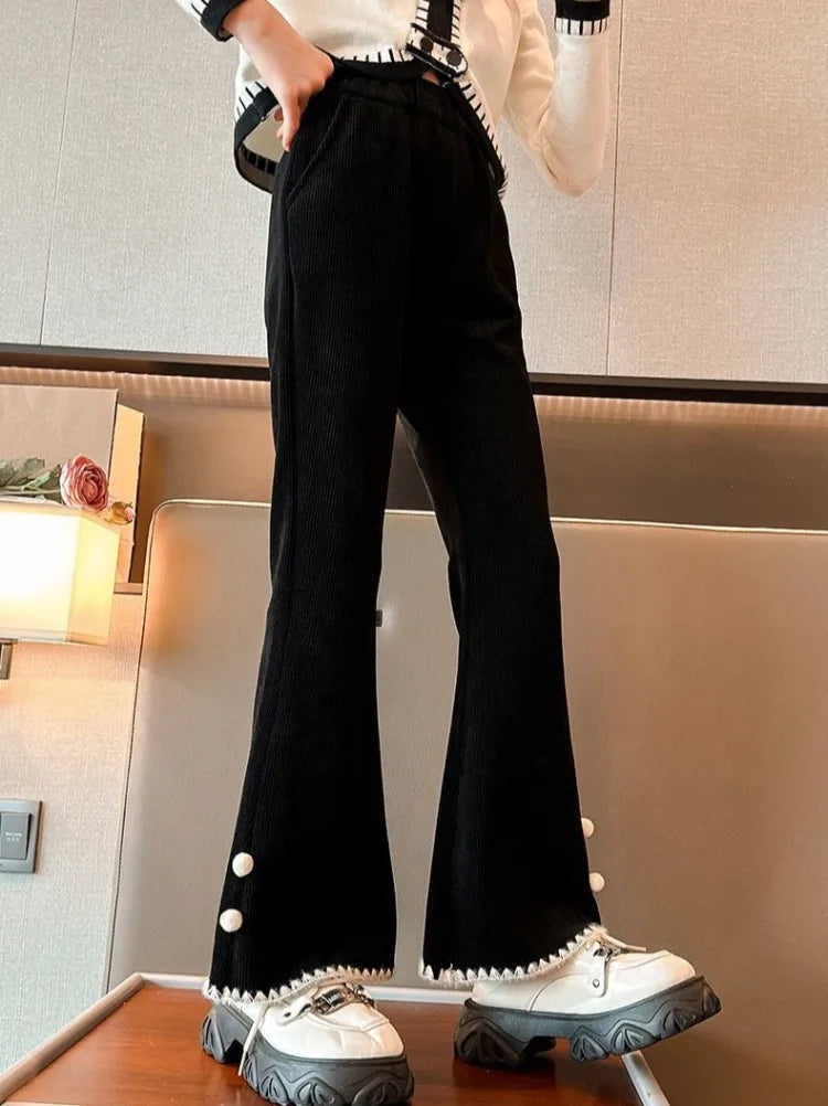 Girl's Autumn Winter New Mid-Weight Flared Jeans with Integrated Fleece-Lining, Stylish Casual Pants for Tween Girls