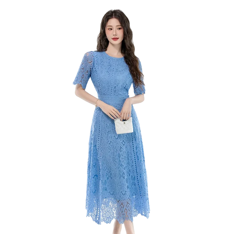 High Quality Lace Hollow Out Women Long Elegant Office Dress Summer French Chic Casual Vintage Purple Short Sleeve A-line Dress