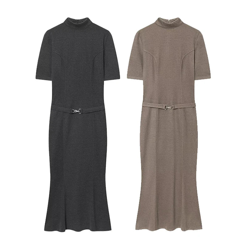 Woman Elegant Dress 2025 New Fashion With Belt Soft Women's Dresses Autumn Winter Dress Short Sleeve Stand Collar Casual Dress ﻿