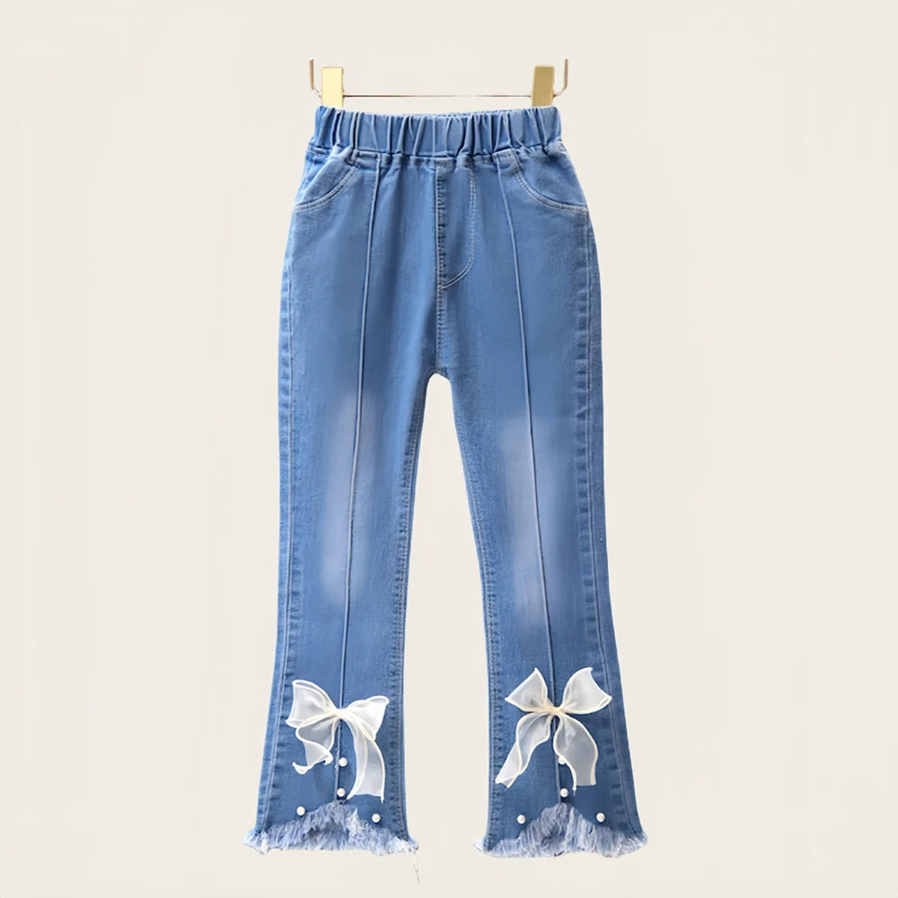 Children Infants Girls Casual Denim Pants Bow Tie Child Teenage Girl Jeans Clothes Fashion Kids Skinny Trousers Prints Clothing